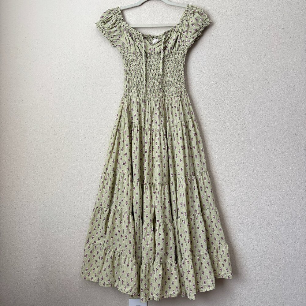 Smocked Floral Maxi Dress in Light Green